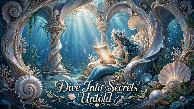 Enchanting Mermaid Reading Ancient Scroll in Ornate Underwater Palace Surrounded by Shells