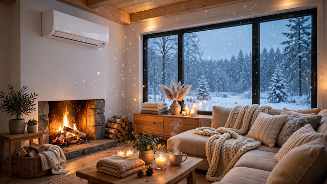 Cozy Hygge Living Room With Fireplace During Winter Snowfall