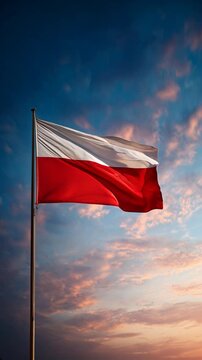poland polish flag waving at sunset