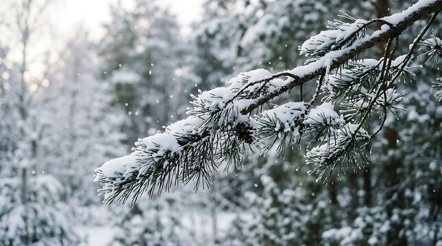 Close up of a pine tree branch covered in fresh white snow during a cold winter day in the forest outdoors