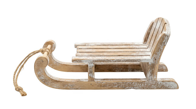 Rustic wooden decorative sleigh with rope handle isolated on transparent background
