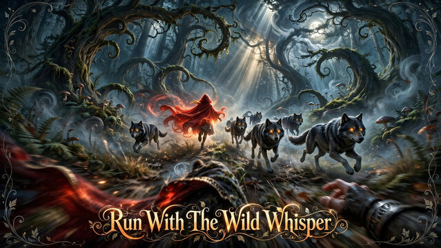 Red Cloaked Figure Running With Glowing Eyed Wolves Forest