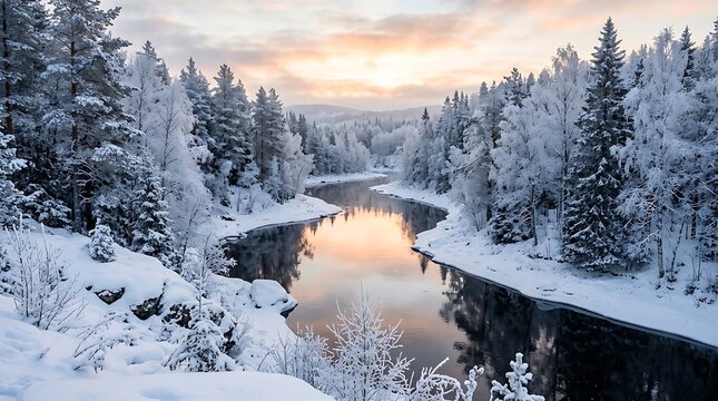 A peaceful river flowing through a snowy winter forest landscape at sunset with pine trees and soft light
