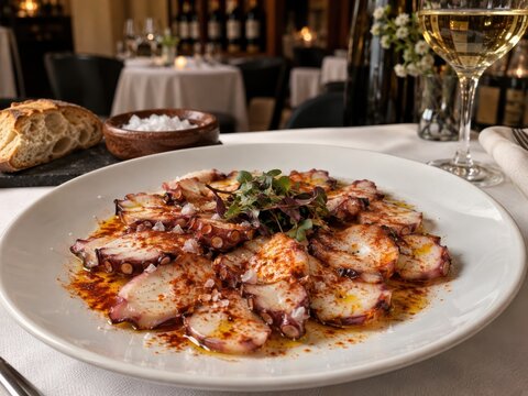 Fein angerichteter Oktopus-Carpaccio im eleganten Restaurant. Spanische Delikatesse mit Oliven&ouml;l, Paprika und Kr&auml;utern als stilvolle Gourmet-Vorspeise.