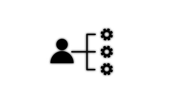 Minimalist user interface icon showing a person connected to three rotating gears for system settings and workflow management