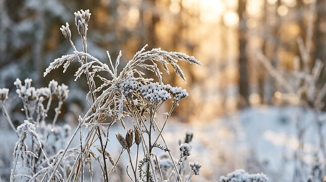 Frozen wild plants covered in white frost during a cold winter morning in a sunny forest with golden light