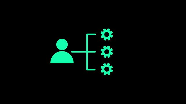 A minimalist animated showing a user profile connected to three rotating gear icons for system settings and configuration