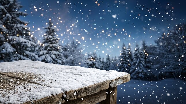 Wooden table covered in fresh snow with a beautiful winter forest background during a calm snowy night