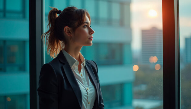 Professional woman in business suit looking out the window at sunset with city skyline in the background.