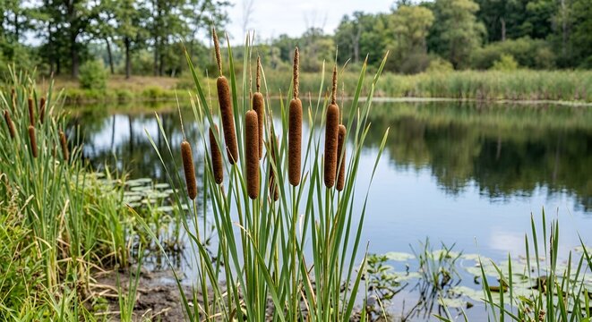 Brown Cattail Seed Heads Growing Beside Still Wetland Water,