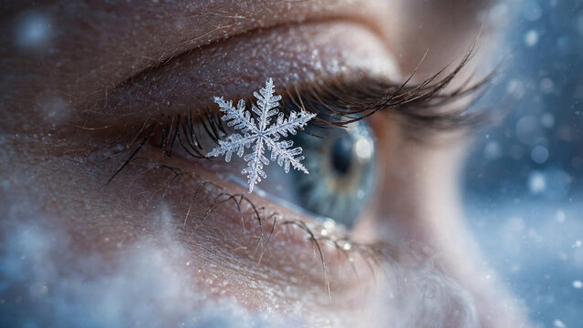 Delicate Snowflake Resting on Human Eyelash in Winter