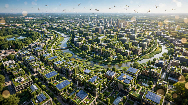 Aerial view of futuristic sustainable city with solar panels