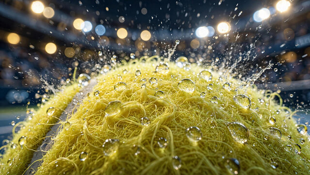 Extreme Closeup Tennis Ball Covered Water Droplets Stadium Lights