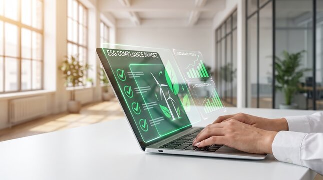 ESG compliance report and green sustainability data hologram interface on laptop in modern office