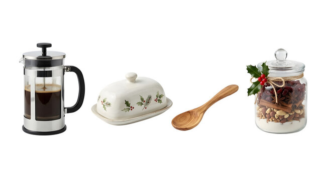 French press, holiday butter dish, wooden spoon, and a glass jar filled with festive ingredients isolated on transparent background