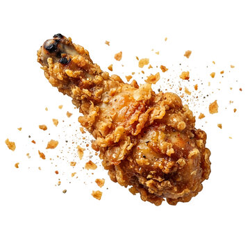 Crispy golden fried chicken drumstick with crunchy breading and scattered crumbs isolated on transparent background