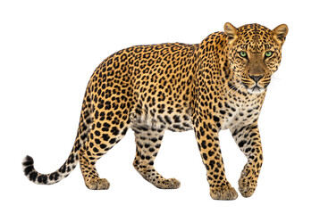 Majestic leopard walking, wild spotted cat with green eyes, powerful african predator isolated PNG with Transparent Background © Haneef Sumbul
