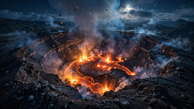 Active Volcanic Crater Erupting Glowing Lava Under Moonlit Sky