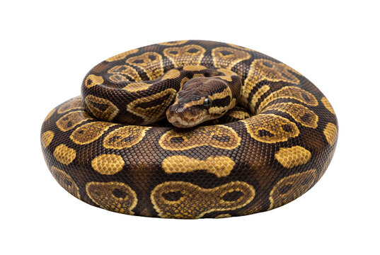 Ball python coiled in circle, royal python with brown pattern, exotic pet snake reptile isolated PNG with Transparent Background