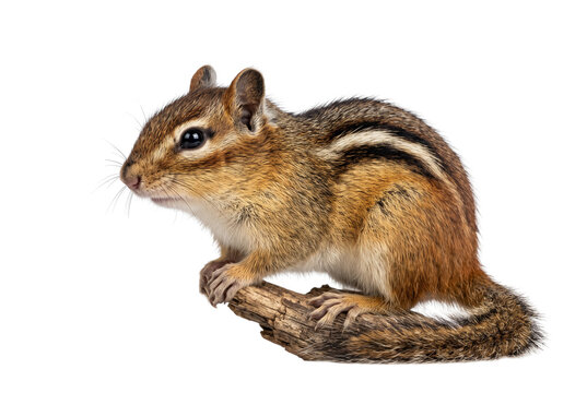 Eastern chipmunk perched on wood branch, wild ground squirrel, brown striped rodent isolated PNG with Transparent Background
