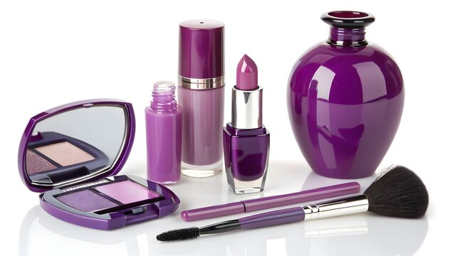 Set of purple makeup products and beauty accessories