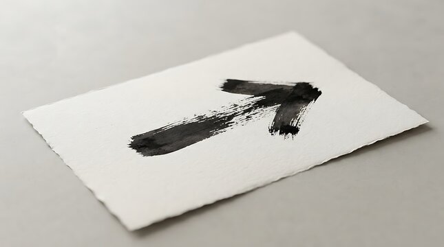 Black ink brush stroke arrow pointing up and right hand drawn on white paper isolated on a neutral background