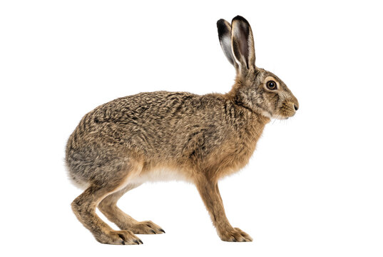 European brown hare, wild jackrabbit with long ears, furry woodland animal in profile isolated PNG with Transparent Background