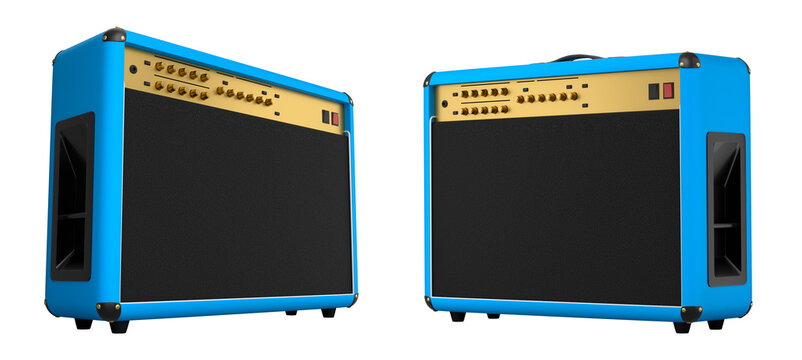 Set of classical electric and acoustic guitar amplifier isolated on white background.