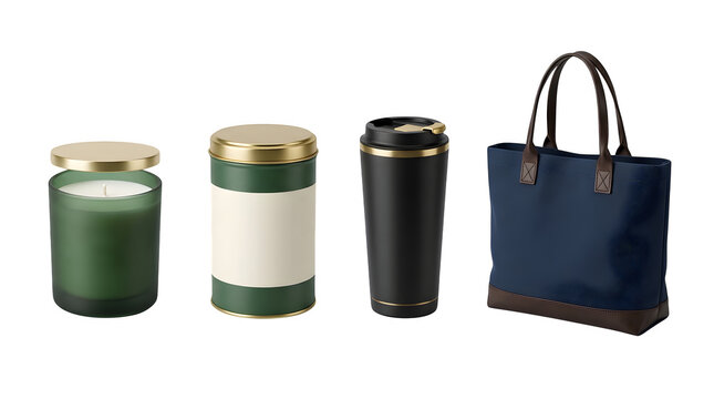 Set of luxury lifestyle products including a green candle, tea tin, black travel mug, and a navy blue leather tote bag isolated on transparent background