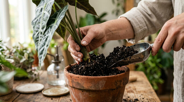 Hands repotting elephant ear plant in terracotta pot with soil and trowel
