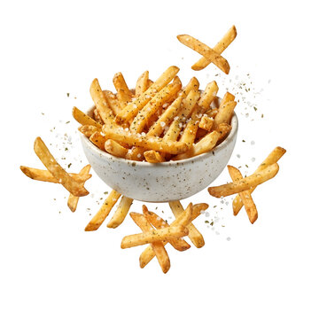 Bowl of crispy golden french fries with salt and herbs isolated on transparent background