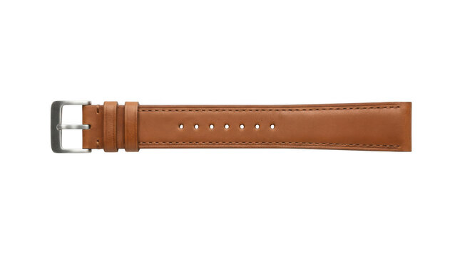 Brown leather watch strap with a silver buckle isolated on transparent background
