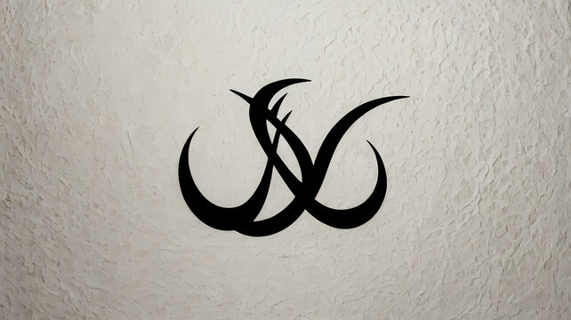 Black calligraphic monogram symbol displayed on a neutral textured wall background.