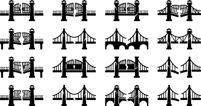 Broken bridge icons, vector illustration of damaged infrastructure, bridge failure, structural collapse, and connection loss symbols in flat black style