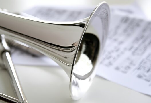 Shiny silver trombone rests diagonally on sheet music for professional brass instrument practice