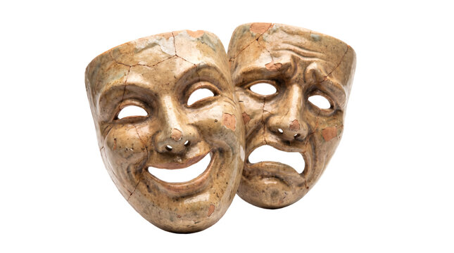 Ancient Greek Theater Comedy and Tragedy Stone Masks Isolated on White