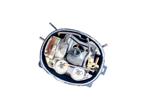 Refrigeration unit motor-compressor (isolated/no background). Disassembled refrigerator motor-compressor. Repairing a refrigerator or air conditioner. Mockup placement. PNG background image.