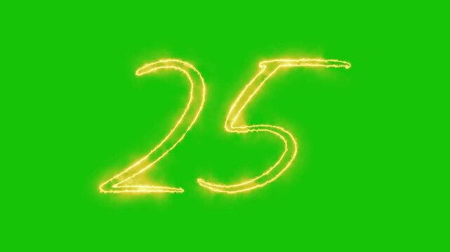 Glowing yellow gold Number 25 Animation | Neon Alphabet Typography Motion Graphic. neon text 25 number countdown icon alpha channel