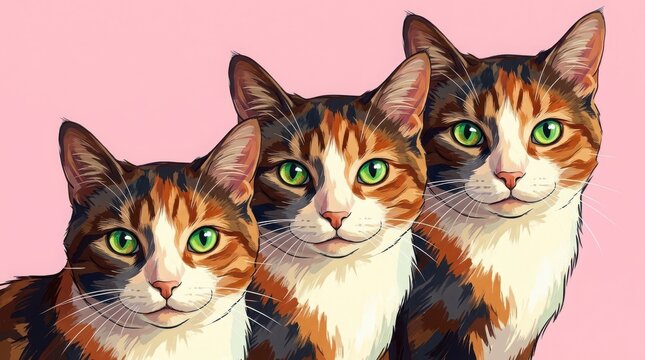 Three calico cats portrait illustration on pink background