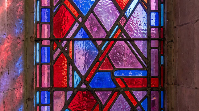 Colorful Geometric Stained Glass Window Detail with Vibrant Red Blue and Purple Panes