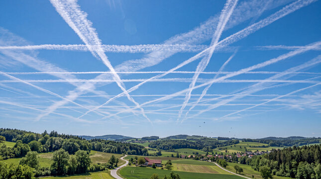 Contrails spread across a blue sky in a rural area