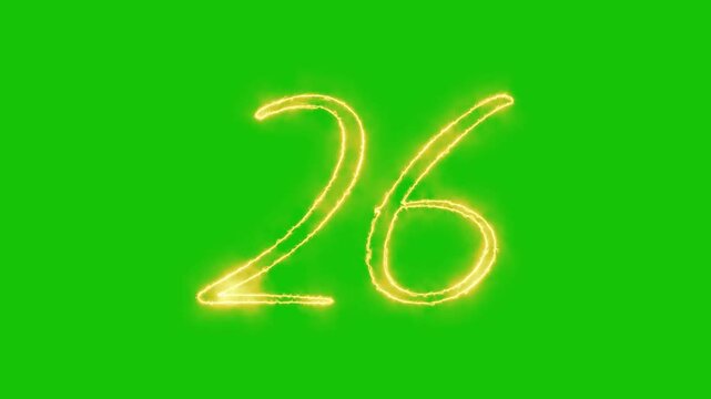 Glowing yellow gold Number 26 Animation | Neon Alphabet Typography Motion Graphic. neon text 26 number countdown icon alpha channel