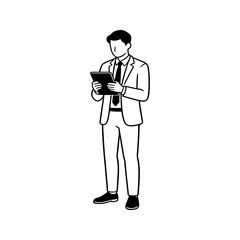 Businessman in a suit standing and holding a tablet on a white background © Silhouette Stock