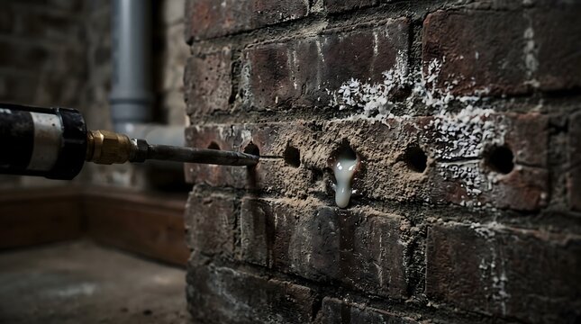 Chemical damp proofing injection treatment in an old brick basement wall to stop rising damp and water leakage