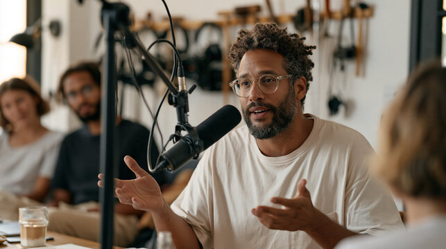 A talk show host warming up broadcast equipment in a modest home studio, a row of production tools hung on the wall behind as a small group gathers for a social connection mental