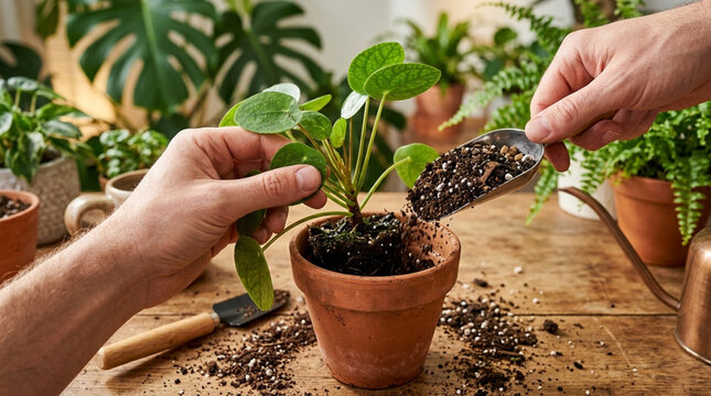 Hands repotting a Pilea plant with fresh soil, surrounded by lush greenery