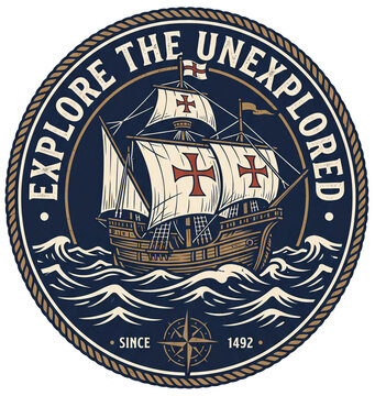 A retro Columbus Day emblem with a caravel ship and a compass rose. An isolated maritime adventure print design.