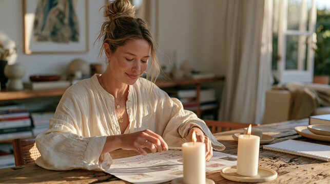 A business coach lights two pillar candles on a rough timber table before a client session, a shadow falling dramatically across her vision board from the candlelight, her morning