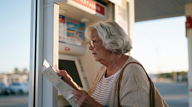 Retiree with silver hair in a cardigan buying lottery tickets and a road atlas at a petrol station convenience kiosk, analogue travel preparation, older motorist culture, rural