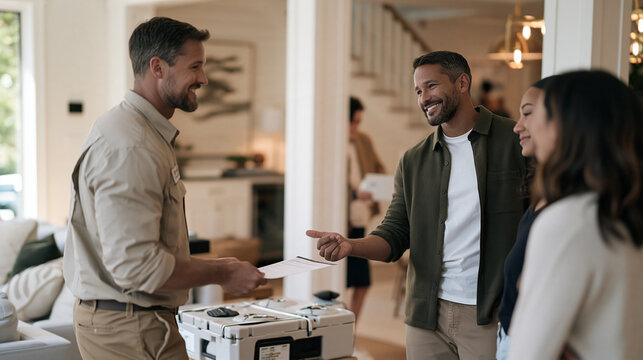 a radon mitigation technician negotiates service terms with a couple in a luxury finished basement, a stack of sealed transport crates ready beside the system unit, multicultural